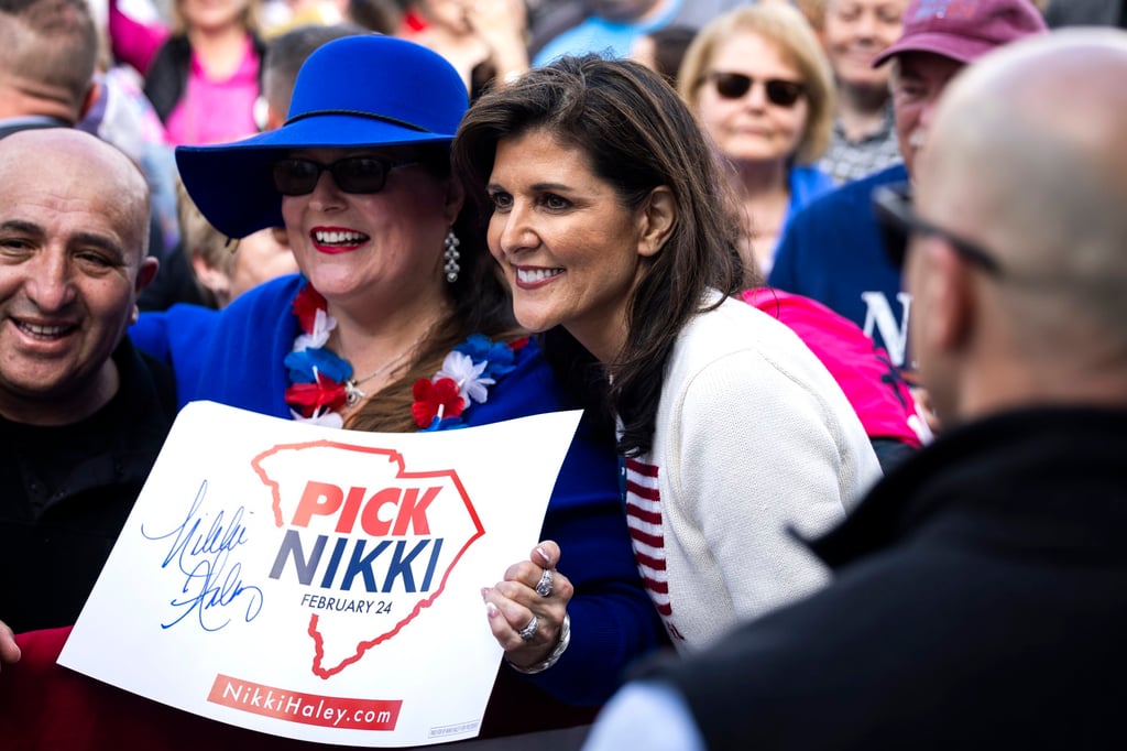 US Republican presidential candidate Nikki Haley greets supporters at a campaign stop in Moncks Corner, South Carolina, on Friday. Photo: EPA-EFE US Republican presidential candidate Nikki Haley greets supporters at a campaign stop in Moncks Corner, South Carolina, on Friday. Photo: EPA-EFE