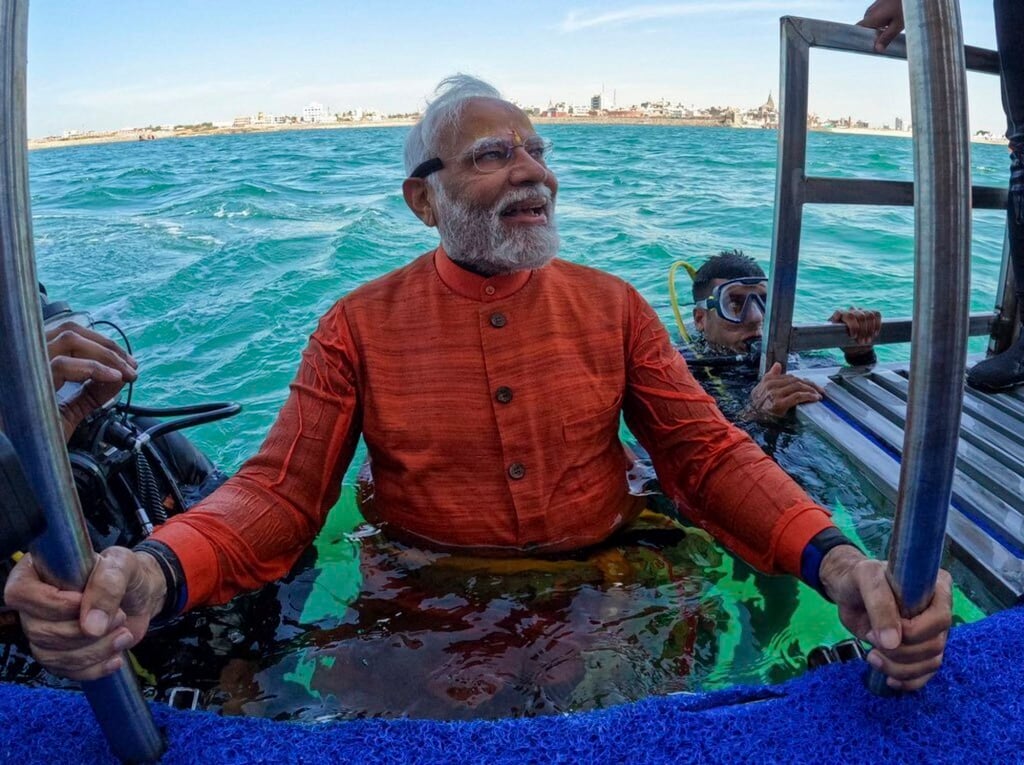 India’s Prime Minister Narendra Modi emerges from the sea after praying at an underwater site in Dwarka, Gujarat, claimed to be a lost mythical city associated with Hindu god Lord Krishna earlier this month. Photo: Narendra Modi on X via AP