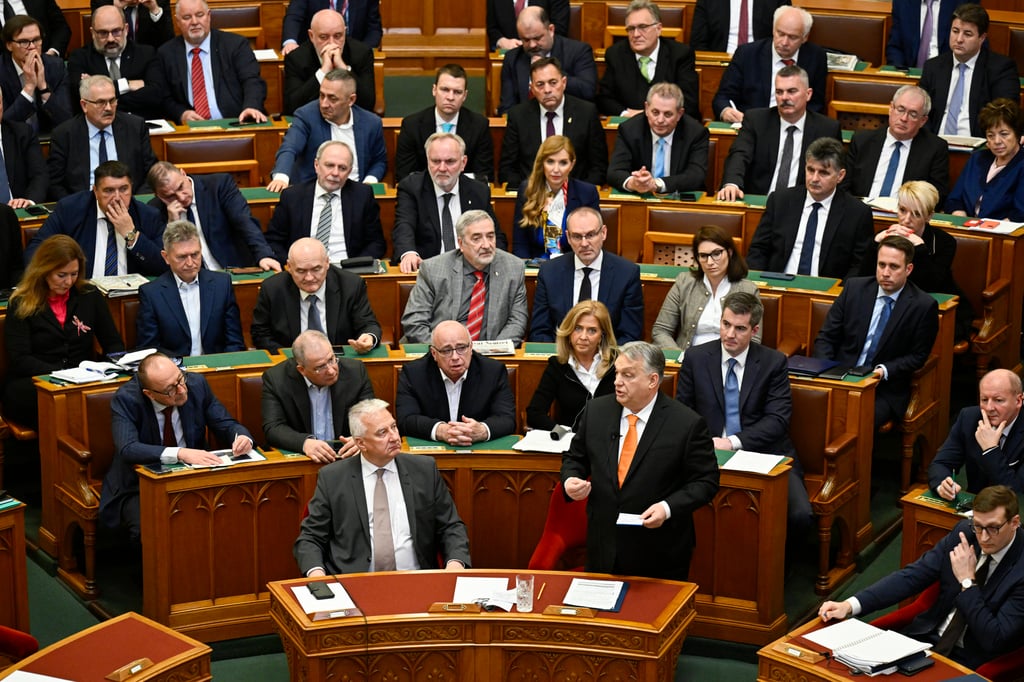 Hungarian Prime Minister Viktor Orban addressing a parliament session in Budapest. Photo: AP