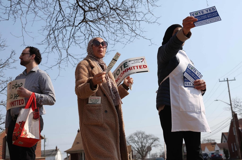 Democratic voters uncommitted to President Joe Biden at a polling location in Dearborn, Michigan. Photo: AFP