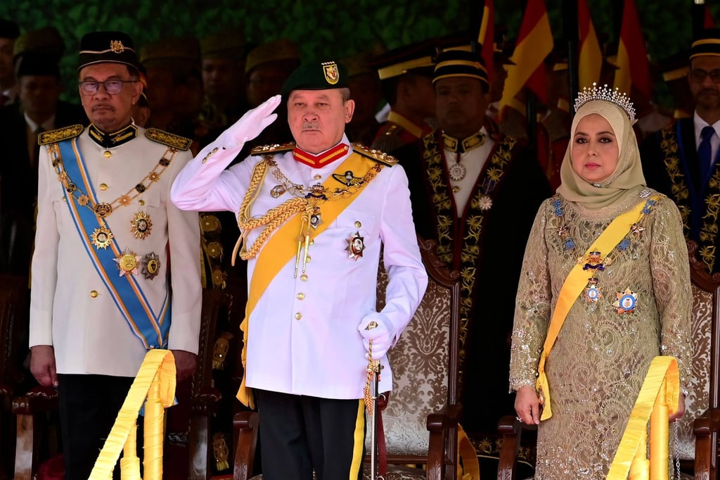 (From left) Malaysia’s Prime Minister Anwar Ibrahim, king Sultan Ibrahim Iskandar and queen Raja Zarith Sofiah at the opening of the third session of the 15th parliament at Parliament House in Kuala Lumpur. Photo: AFP