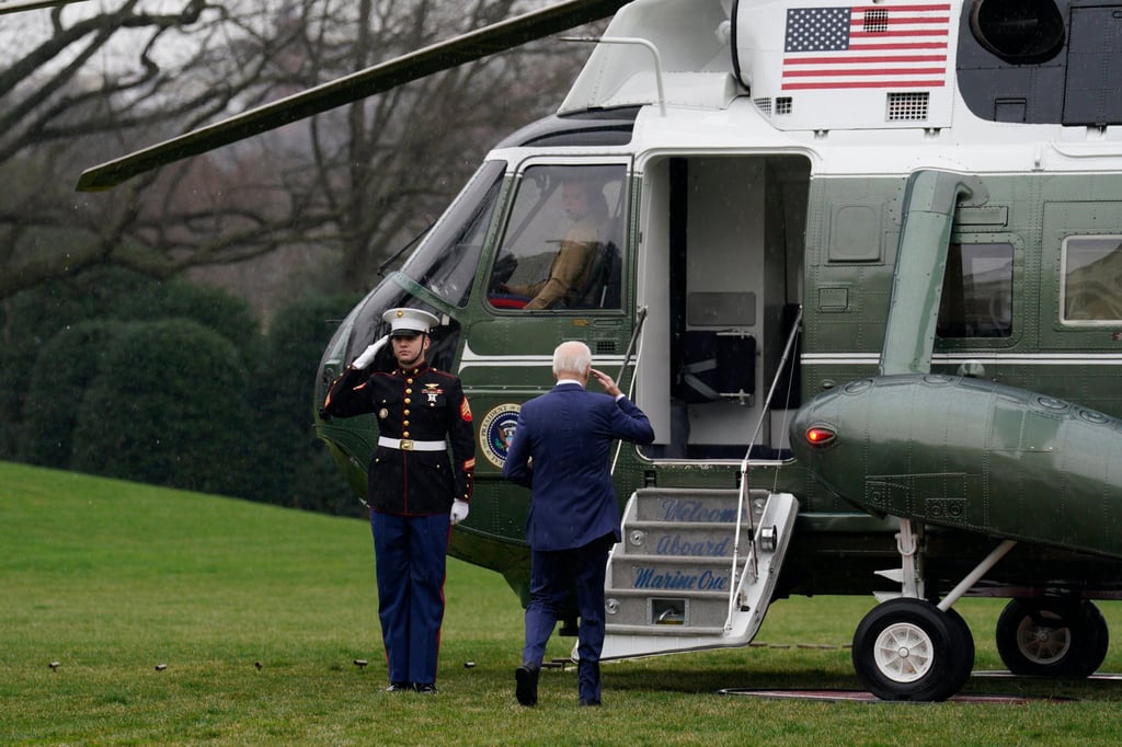 US President Joe Biden boards the Marine One helicopter as he departs the White House for Walter Reed Medical Centre on Wednesday. Photo: TNS US President Joe Biden boards the Marine One helicopter as he departs the White House for Walter Reed Medical Centre on Wednesday. Photo: TNS