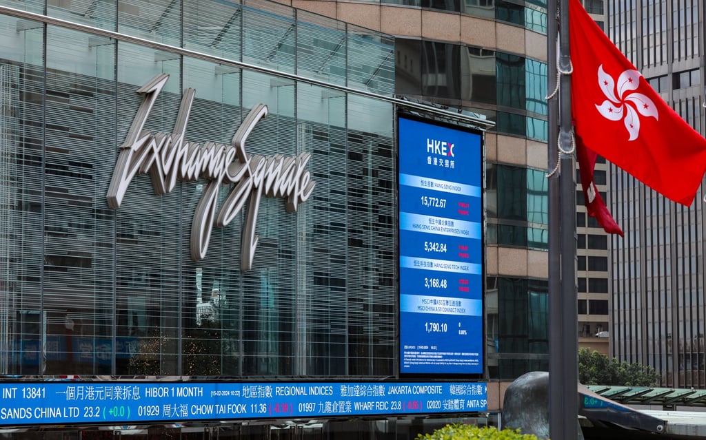 Screens show stock prices outside Exchange Square in Hong Kong’s Central district, the home of bourse operator Hong Kong Exchanges and Clearing, on February 15, 2024. Photo: Sun Yeung