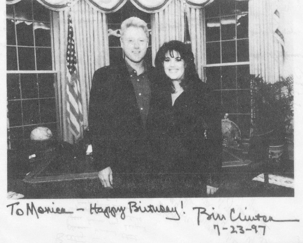 thumbnail image 2 of Bill Clinton Impeachment Tee – Monica Lewinsky Intern ID Photo Men's White T-Shirt 2 of 6