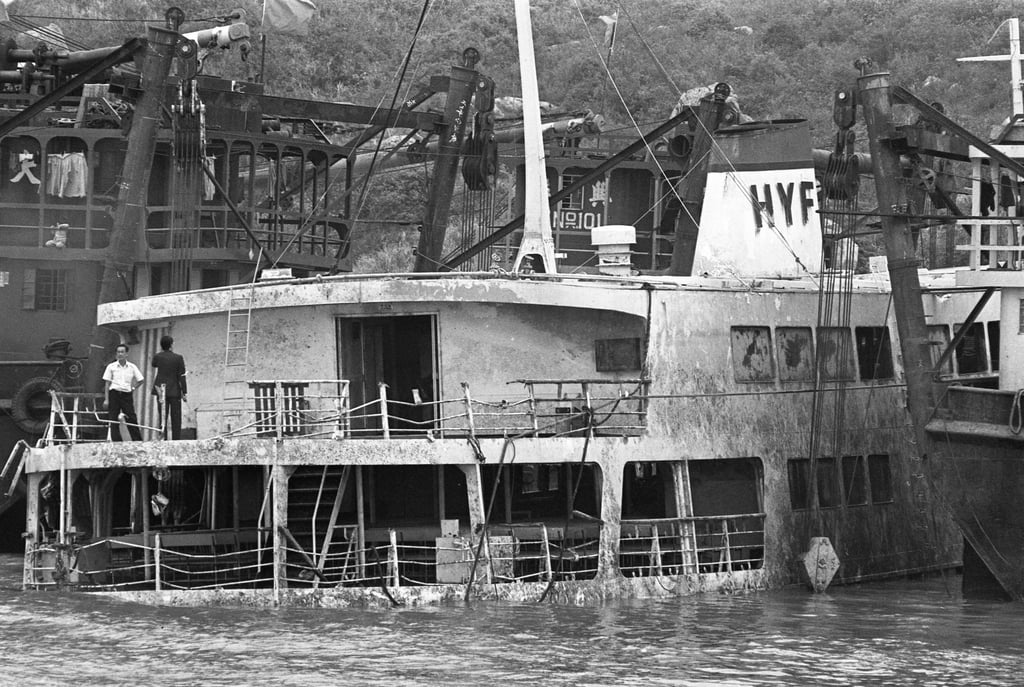 The recovered Cheung Chau ferry, Man Tack, lies off Chau Kung Island awaiting repairs, in 1977. Photo: SCMP