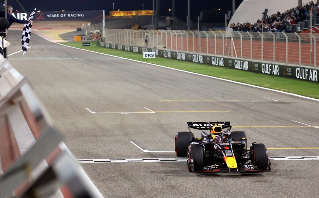 No other car is in sight as Max Verstappen takes the chequered flag in Sakhir, Bahrain. Photo: EPA-EFE