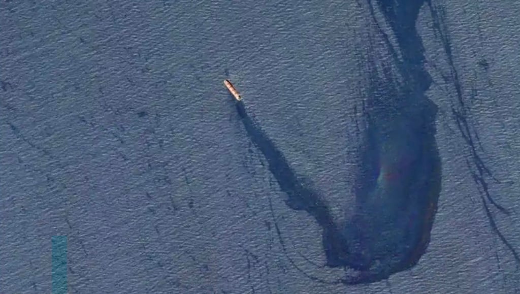 The M/V Rubymar, a Belize-flagged, UK-owned bulk carrier caused an 18-mile oil slick after being attacked by Houthi rebels. Photo: CENTCOM/AFP