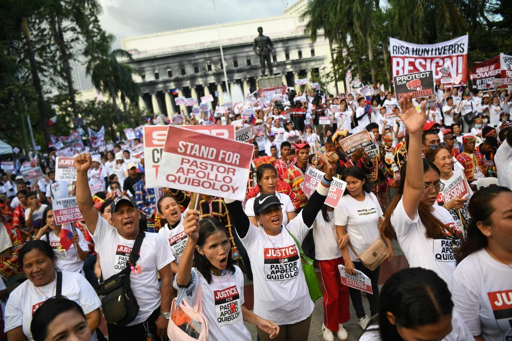 Supporters of Apollo Quiboloy, founder of the Philippines-based Kingdom of Jesus Christ church, hold a rally at a park in Manila on Monday, the same day the Philippines said it would file sexual abuse charges against the pastor. Photo: AFP