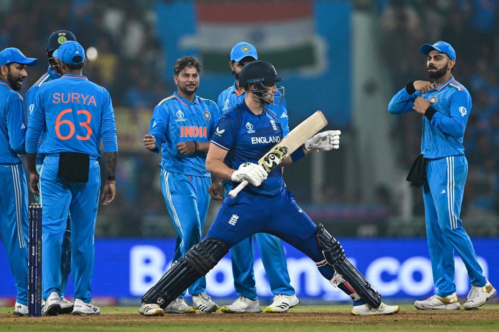 India’s players celebrate after the dismissal of a batter for England during the 2023 ICC Men’s Cricket World Cup one-day international match in Lucknow on October 29, 2023. Photo: AFP