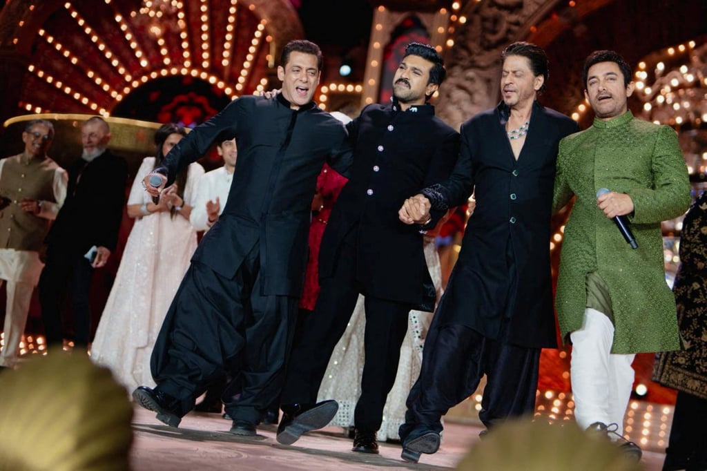 Actors Salman Khan, Ram Charan, Shah Rukh Khan and Aamir Khan perform during the pre-wedding celebrations. Photo: Reliance group via Reuters Actors Salman Khan, Ram Charan, Shah Rukh Khan and Aamir Khan perform during the pre-wedding celebrations. Photo: Reliance group via Reuters