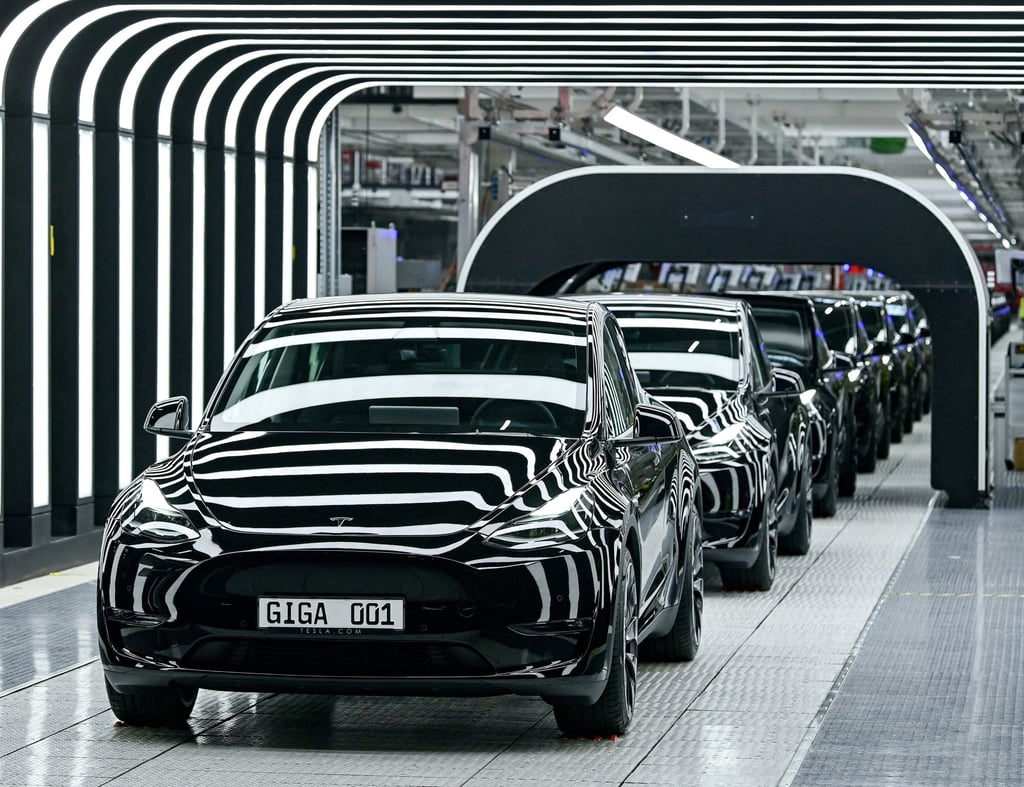 Tesla’s Model Y electric cars seen at the company’s Gigafactory in Gruenheide, Germany. Photo: Reuters