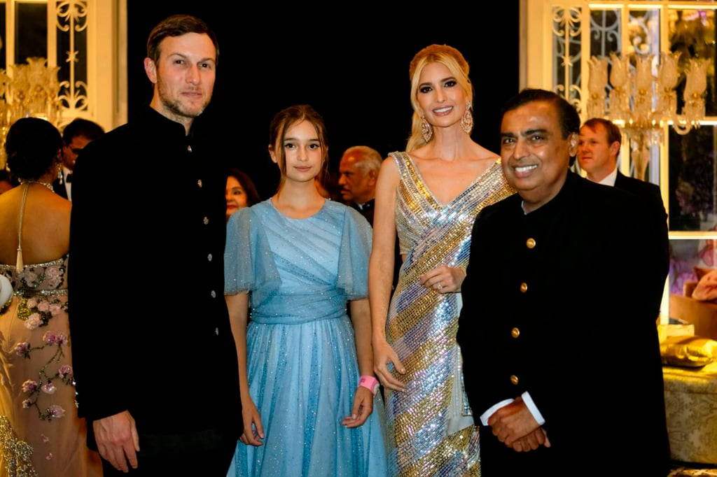 Jared Kushner, daughter Arabella and Ivanka Trump posing for a photograph with billionaire industrialist Mukesh Ambani at a pre-wedding bash of Mukesh’s son Anant Ambani in Jamnagar, India, on March 1. Photo: Reliance group via AP