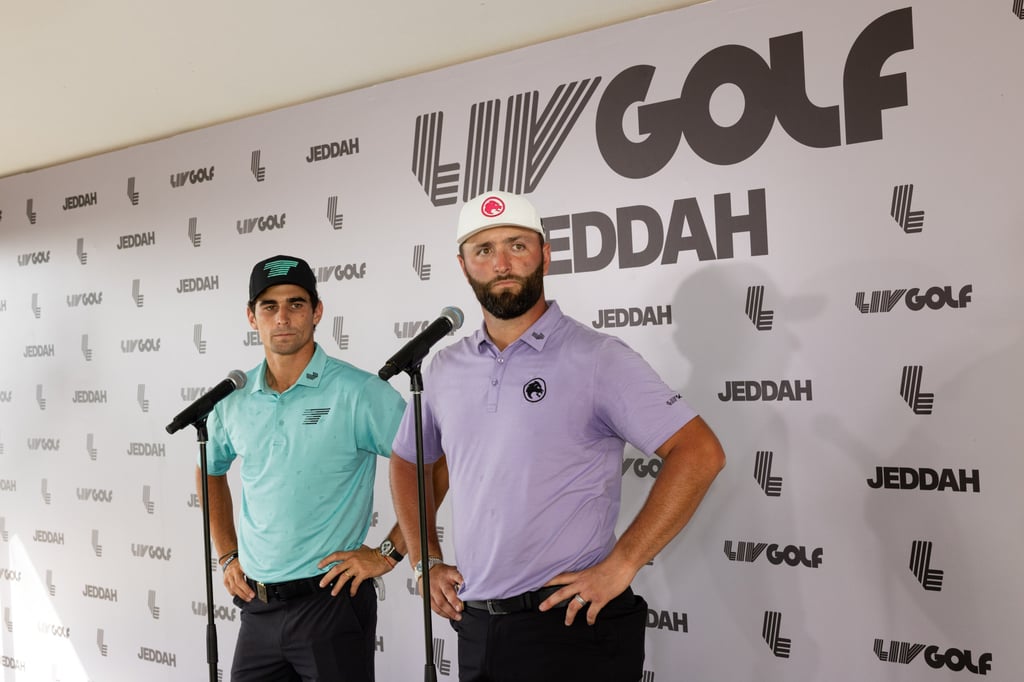 Joaquín Niemann and Jon Rahm speak to the media after the first round of LIV Golf Jeddah. Photo: LIV Golf Joaquín Niemann and Jon Rahm speak to the media after the first round of LIV Golf Jeddah. Photo: LIV Golf