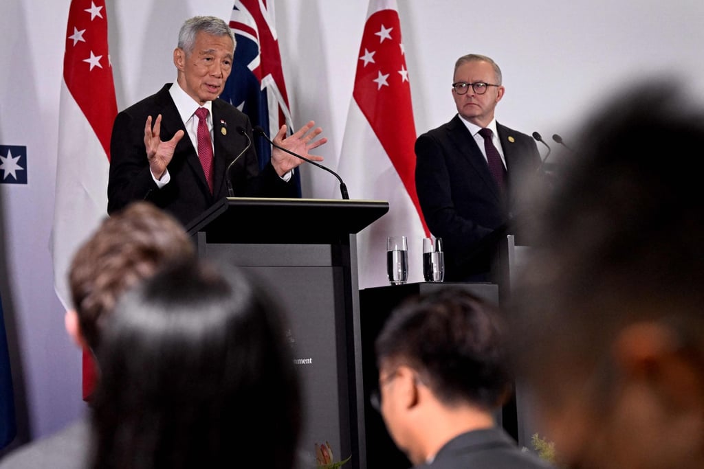 Singapore’s Prime Minister Lee Hsien Loong (left) speaks at a press conference in Melbourne on Tuesday alongside Australian Prime Minister Anthony Albanese. Photo: AFP