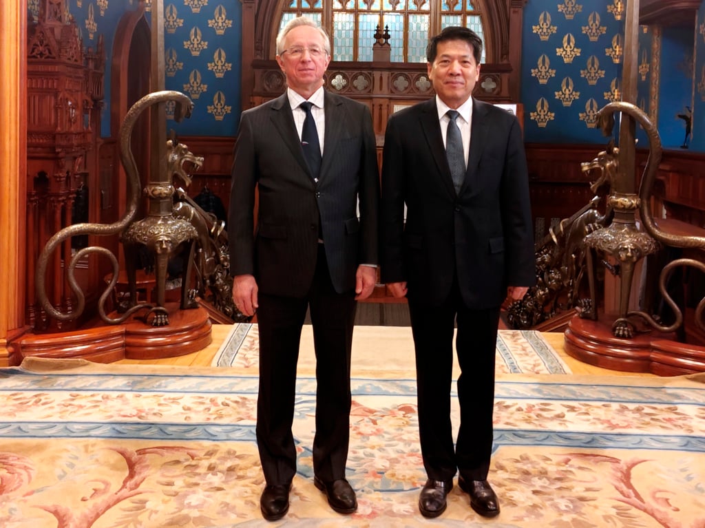 Li with Russian deputy foreign minister Mikhail Galuzin in Moscow on Saturday. Photo: Xinhua Li with Russian deputy foreign minister Mikhail Galuzin in Moscow on Saturday. Photo: Xinhua