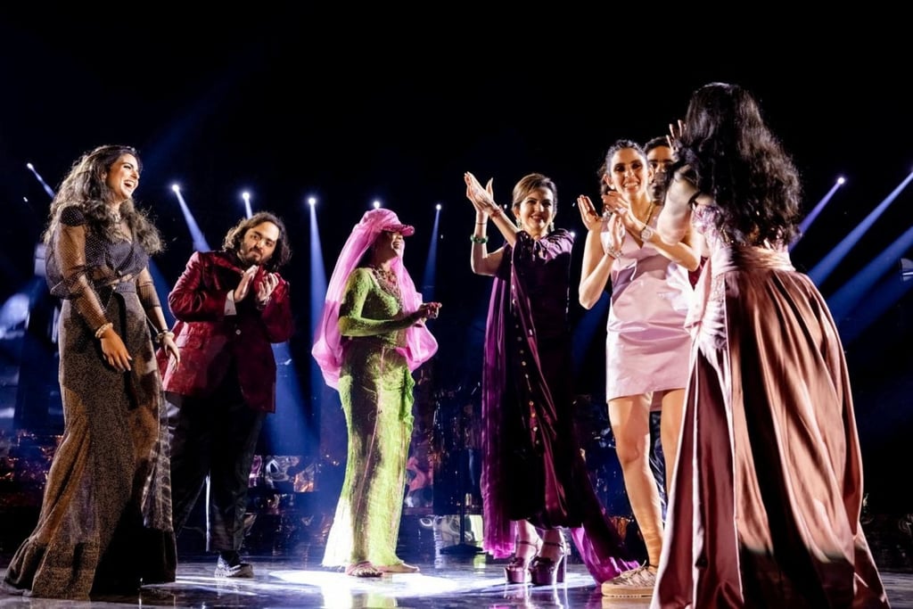 Isha Piramal, Anant Ambani, Rihanna, Nita Ambani, Shloka Mehta Ambani, Akash Ambani and Radhika Merchant on the stage during pre-wedding celebrations of Anant and Merchant in Jamnagar, Gujarat, India, on March 1. Photo: Reliance Industries/Handout via Reuters Isha Piramal, Anant Ambani, Rihanna, Nita Ambani, Shloka Mehta Ambani, Akash Ambani and Radhika Merchant on the stage during pre-wedding celebrations of Anant and Merchant in Jamnagar, Gujarat, India, on March 1. Photo: Reliance Industries/Handout via Reuters