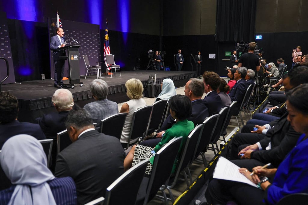 Malaysia’s Prime Minister Anwar Ibrahim speaks at the Australian National University in Canberra. He applauded Australia, Canada and New Zealand for shifting their stance to support a ceasefire in December. Photo: AFP