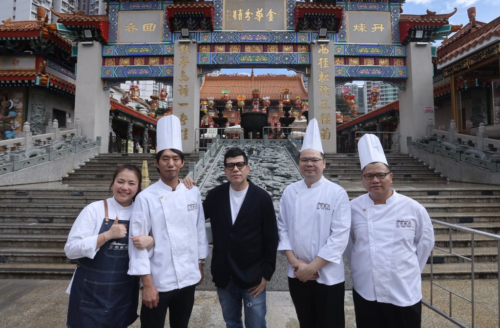 (From left) Man Yuen Restaurant’s Phoenix Tung, Edmond Lam Hei-wai, CK Poon Kin-wai, Ming Ma, and Yuk So at Wong Tai Sin Temple. Photo: Jonathan Wong (From left) Man Yuen Restaurant’s Phoenix Tung, Edmond Lam Hei-wai, CK Poon Kin-wai, Ming Ma, and Yuk So at Wong Tai Sin Temple. Photo: Jonathan Wong