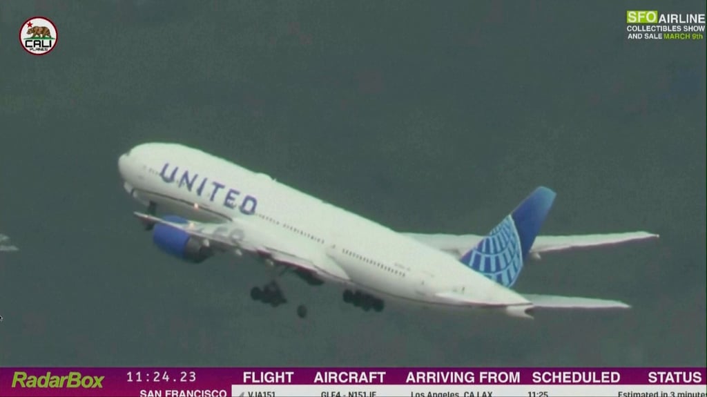 A United Airlines Boeing 777 bound for Japan loses a tire as it takes off from San Francisco International Airport on Thursday. Photo: Cali Planes via AP A United Airlines Boeing 777 bound for Japan loses a tire as it takes off from San Francisco International Airport on Thursday. Photo: Cali Planes via AP