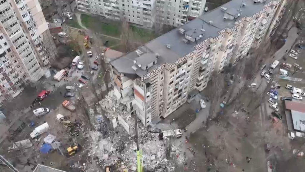 A drone view from a handout video shows a residential building in Odesa, Ukraine, heavily damaged by a Russian drone strike that killed several residents. Photo: State Emergency Service of Ukraine via Reuters