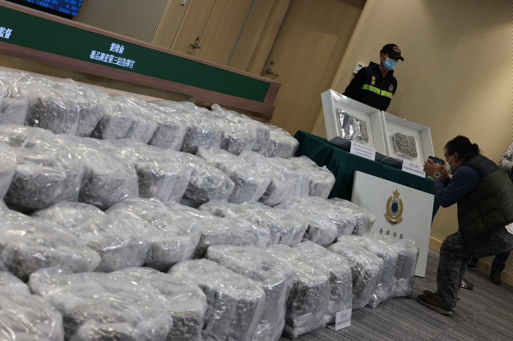 The seized drugs are displayed. Authorities said the investigation into the origin of the haul, the smuggling route and the consignee was still under way and further arrests were possible. Photo: Dickson Lee The seized drugs are displayed. Authorities said the investigation into the origin of the haul, the smuggling route and the consignee was still under way and further arrests were possible. Photo: Dickson Lee
