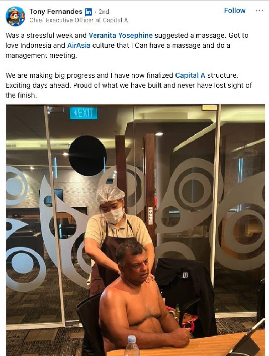 A screengrab of Tony Ferrnandes’ LinkedIn post, which has since been deleted, showing him getting a shirtless massage. Photo: X/@yeatzus