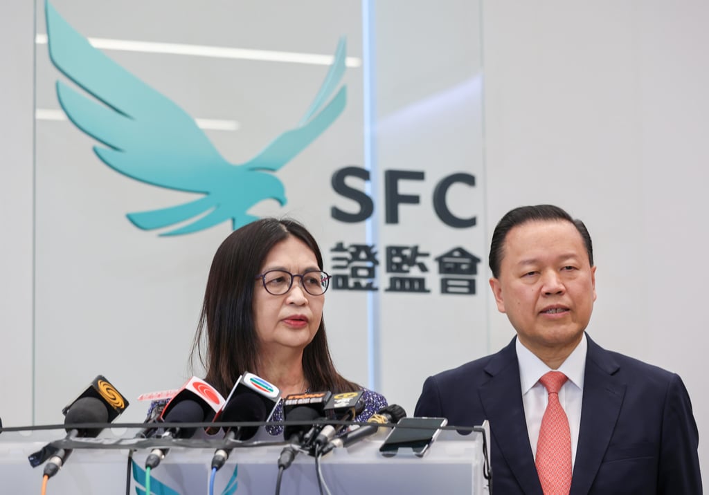 Securities and Futures Commission CEO Julia Leung (left) with chairman Tim Lui. Photo: Yik Yeung-man Securities and Futures Commission CEO Julia Leung (left) with chairman Tim Lui. Photo: Yik Yeung-man