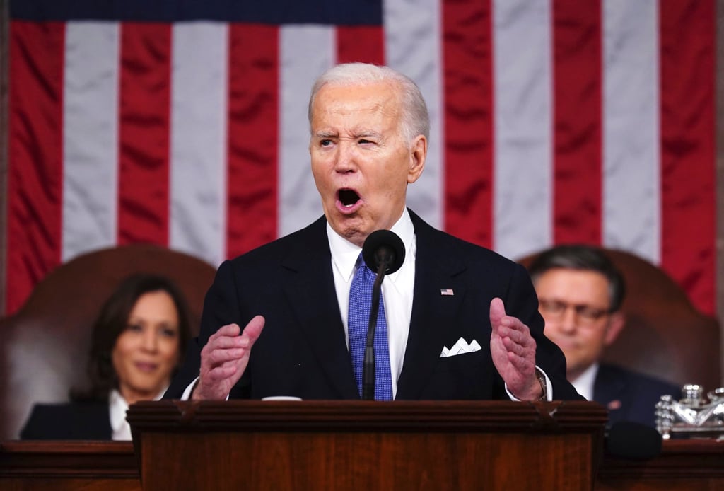 US President Joe Biden delivering the State of the Union address on Thursday. Photo: Pool via AP