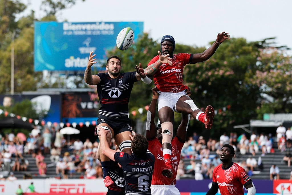 Hong Kong’s Alessandro Nardoni contests a line-out in the semi-final against Kenya. Photo: KLC fotos for World Rugby