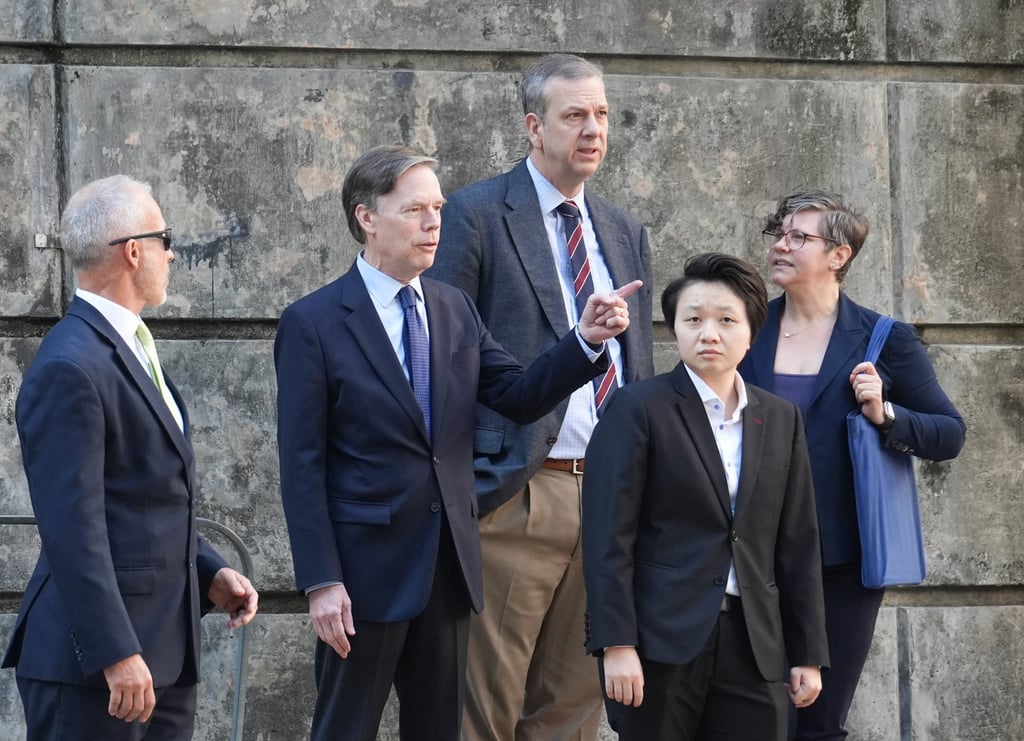 Burns is joined by Gregory May (centre), the US consul general for Hong Kong and Macau, outside the Foreign Correspondents’ Club. Photo: Eugene Lee Burns is joined by Gregory May (centre), the US consul general for Hong Kong and Macau, outside the Foreign Correspondents’ Club. Photo: Eugene Lee