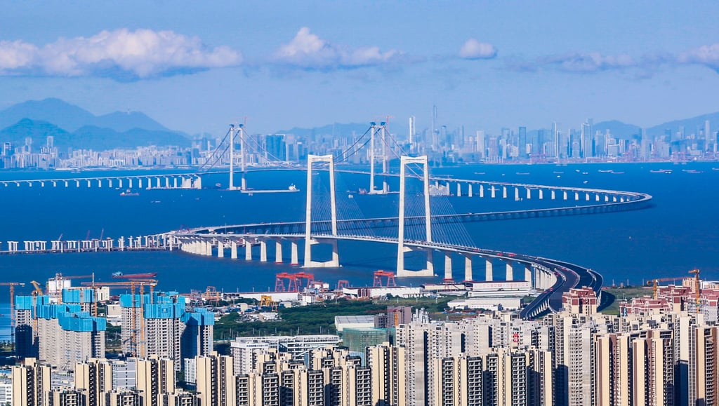 The Shenzhen-Zhongshan Bridge, set to be completed in 2024, will help establish Zhongshan as the most important transportation hub city on both sides of the Pearl River Estuary. The photo shows the Shenzhen-Zhongshan Bridge under construction. Photo: Ye Zhiwen The Shenzhen-Zhongshan Bridge, set to be completed in 2024, will help establish Zhongshan as the most important transportation hub city on both sides of the Pearl River Estuary. The photo shows the Shenzhen-Zhongshan Bridge under construction. Photo: Ye Zhiwen