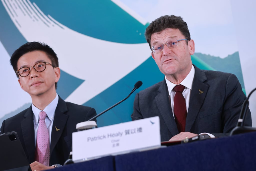 CEO Ronald Lam and group chairman Patrick Healy reveal the company’s annual results. Photo: May Tse CEO Ronald Lam and group chairman Patrick Healy reveal the company’s annual results. Photo: May Tse