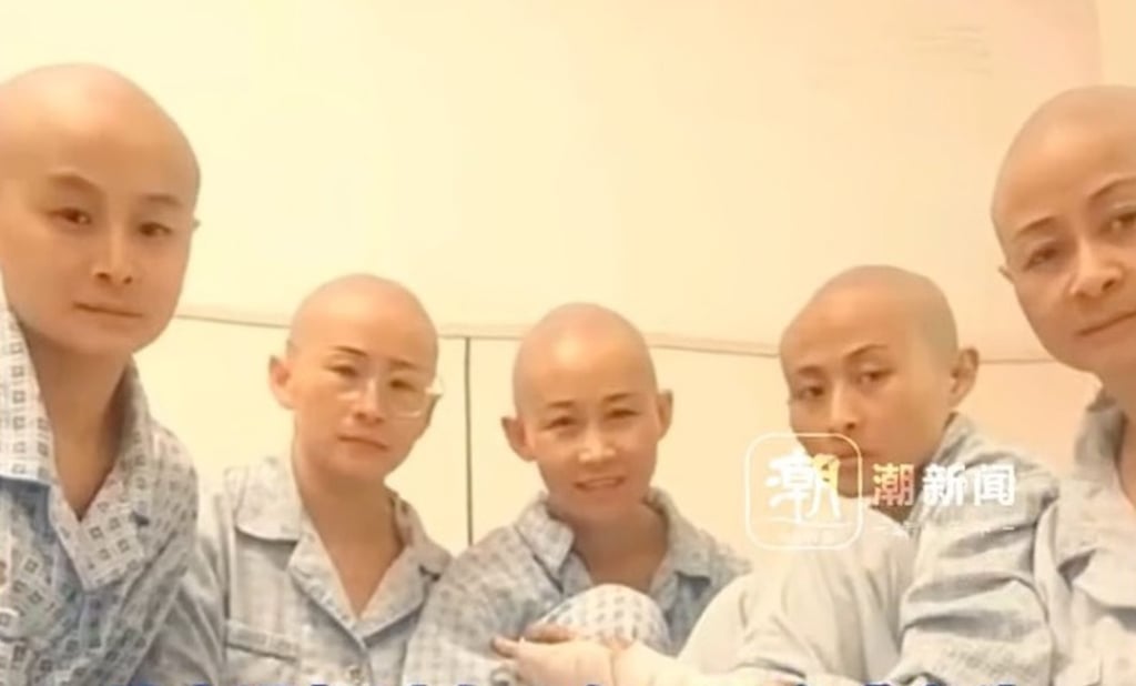 The aunts were so determined to save the lives of the children they love that they all shaved their heads and underwent skin graft procedures. Photo: Douyin The aunts were so determined to save the lives of the children they love that they all shaved their heads and underwent skin graft procedures. Photo: Douyin