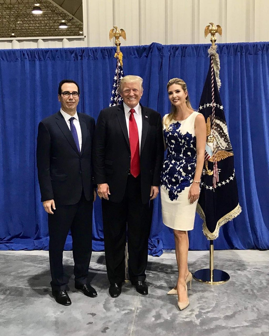 Ivanka Trump (right) posing with her dad Donald Trump (centre) and Steven Mnuchin. Photo: @ivankatrump/Instagram