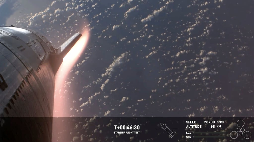 Starship re-entering the Earth’s atmosphere on Thursday. Photo: SpaceX via AP