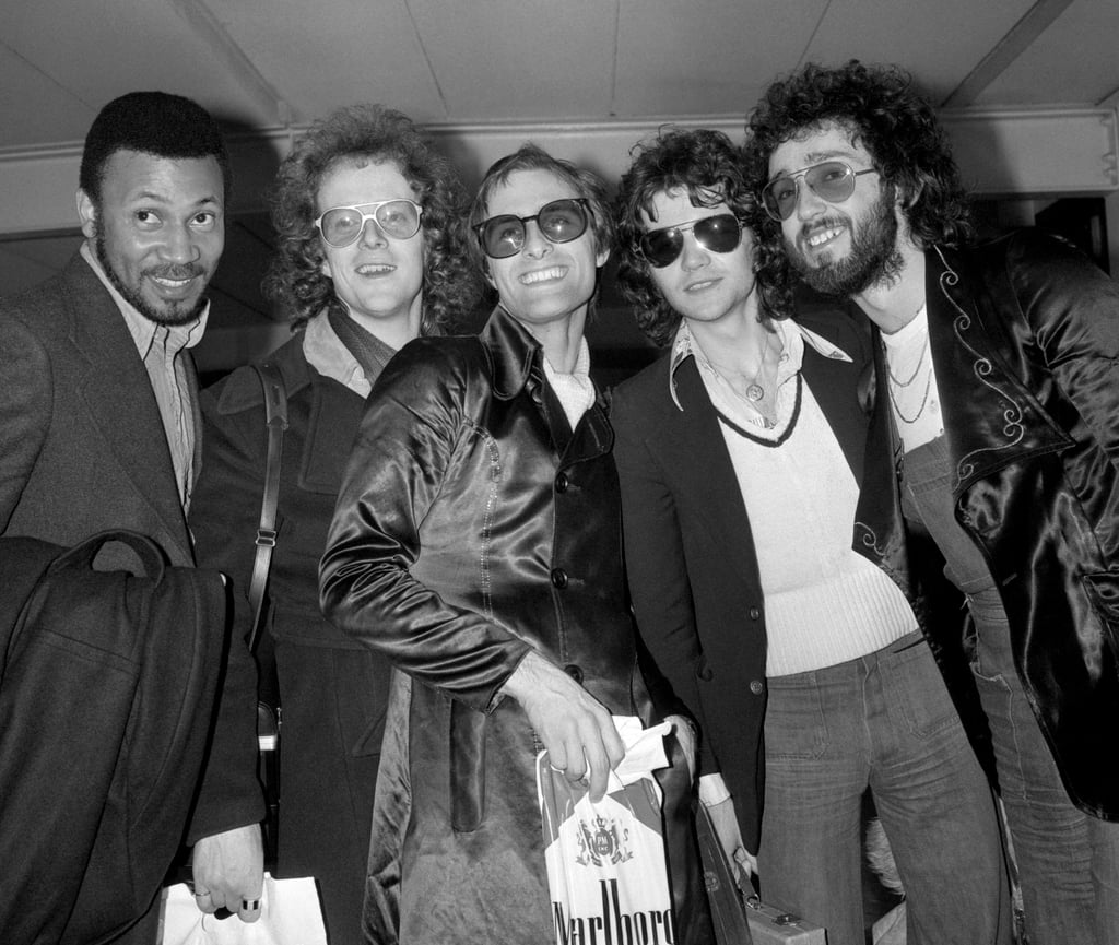 Steve Harley, centre, and Cockney Rebel at London’s Heathrow airport in 1975. Photo: PA via AP