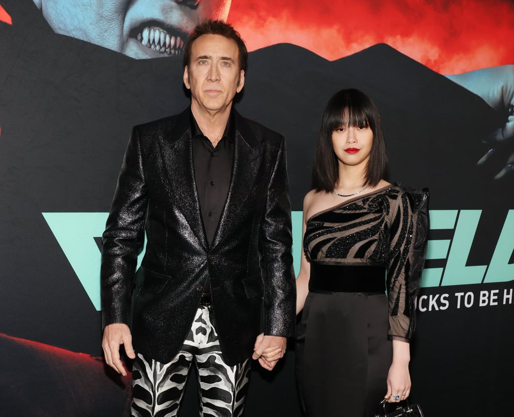 Nicolas Cage and Riko Shibata matched bold prints at the Renfield premiere in New York, in March 2023. Photo: Getty Images