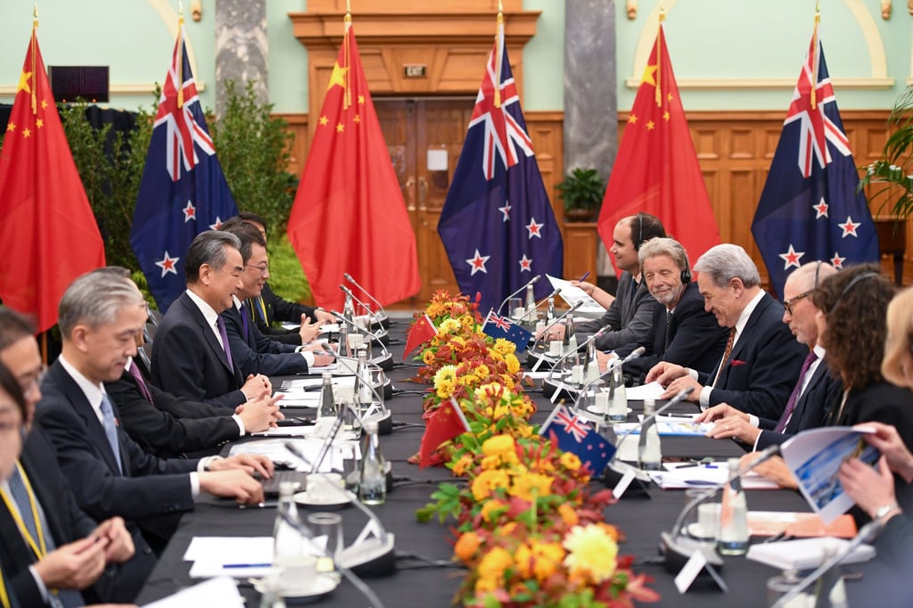 Chinese Foreign Minister Wang Yi with New Zealand Deputy Prime Minister and Minister of Foreign Affairs Winston Peters in Wellington on Monday. Photo: Xinhua