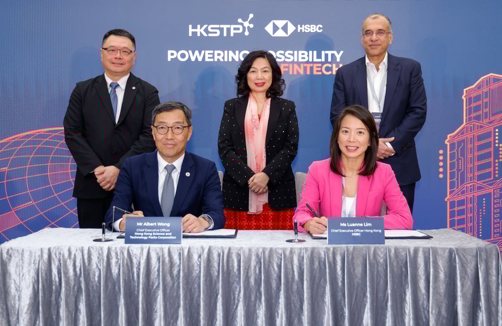 Albert Wong, CEO of Hong Kong Science and Technology Parks (front left) and Luanne Lim, Hong Kong CEO of HSBC (front right) sign a three-year strategic partnership agreement on March 18, 2024. Photo: Handout Albert Wong, CEO of Hong Kong Science and Technology Parks (front left) and Luanne Lim, Hong Kong CEO of HSBC (front right) sign a three-year strategic partnership agreement on March 18, 2024. Photo: Handout