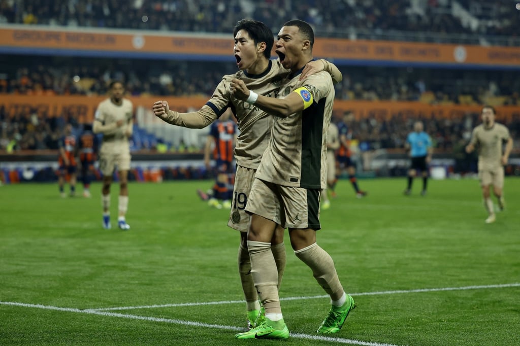 Paris Saint Germain’s Lee Kang-In (left) celebrates with Kylian Mbappé after scoring against Montpellier HSC. Photo: EPA-EFE Paris Saint Germain’s Lee Kang-In (left) celebrates with Kylian Mbappé after scoring against Montpellier HSC. Photo: EPA-EFE