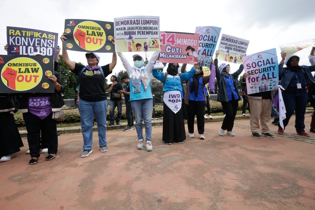 Indonesian labour activists hold a rally held to observe International Women’s Day in Jakarta. Some 6.3 million people faced situations of forced commercial sexual exploitation on any given day three years ago – and nearly four in five of those victims were girls or women. Photo: EPA-EFE