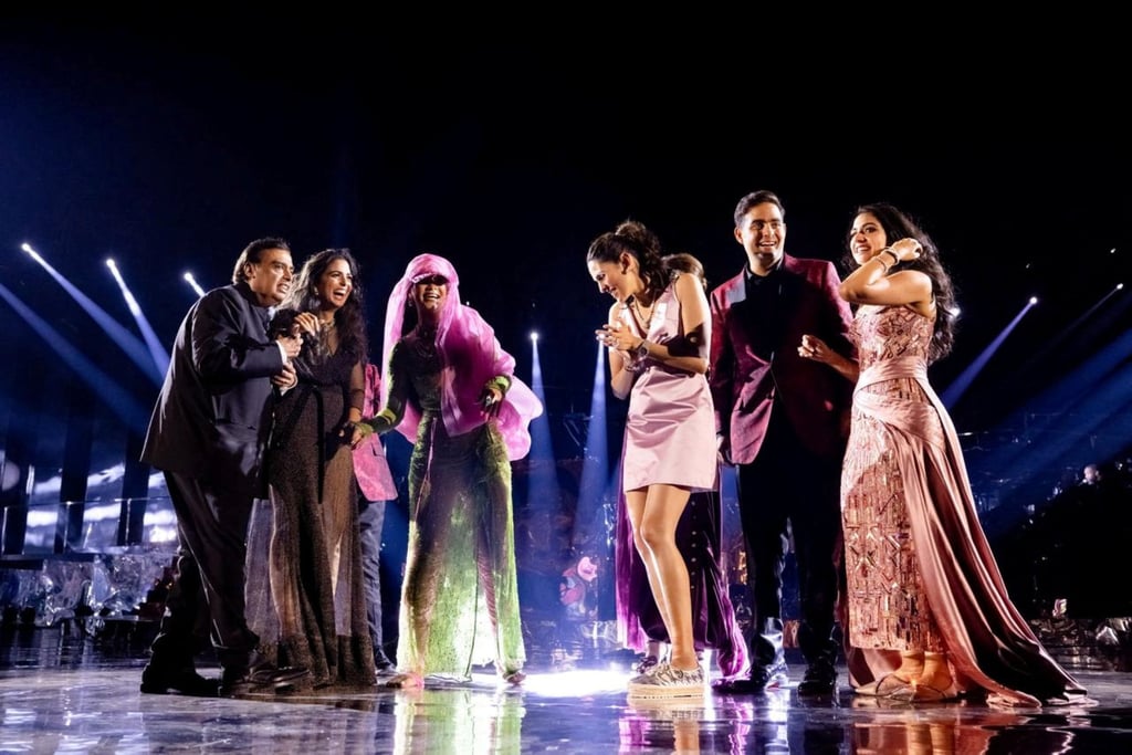 Mukesh Ambani, Isha Piramal, Rihanna, Shloka Mehta Ambani, Akash Ambani and Radhika Merchant on the stage during the pre-wedding celebrations of Anant Ambani and Merchant in Jamnagar, Gujarat, India, on March 1. Photo: Reliance Industries/Handout via Reuters Mukesh Ambani, Isha Piramal, Rihanna, Shloka Mehta Ambani, Akash Ambani and Radhika Merchant on the stage during the pre-wedding celebrations of Anant Ambani and Merchant in Jamnagar, Gujarat, India, on March 1. Photo: Reliance Industries/Handout via Reuters