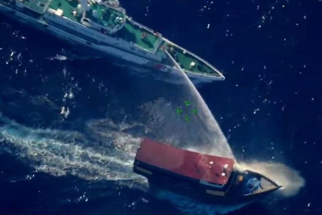 A Philippine resupply vessel is hit by water cannons from a Chinese coastguard ship on March 5 in this photo provided by the Armed Forces of the Philippines. Photo: Armed Forces of the Philippines/ via AP A Philippine resupply vessel is hit by water cannons from a Chinese coastguard ship on March 5 in this photo provided by the Armed Forces of the Philippines. Photo: Armed Forces of the Philippines/ via AP