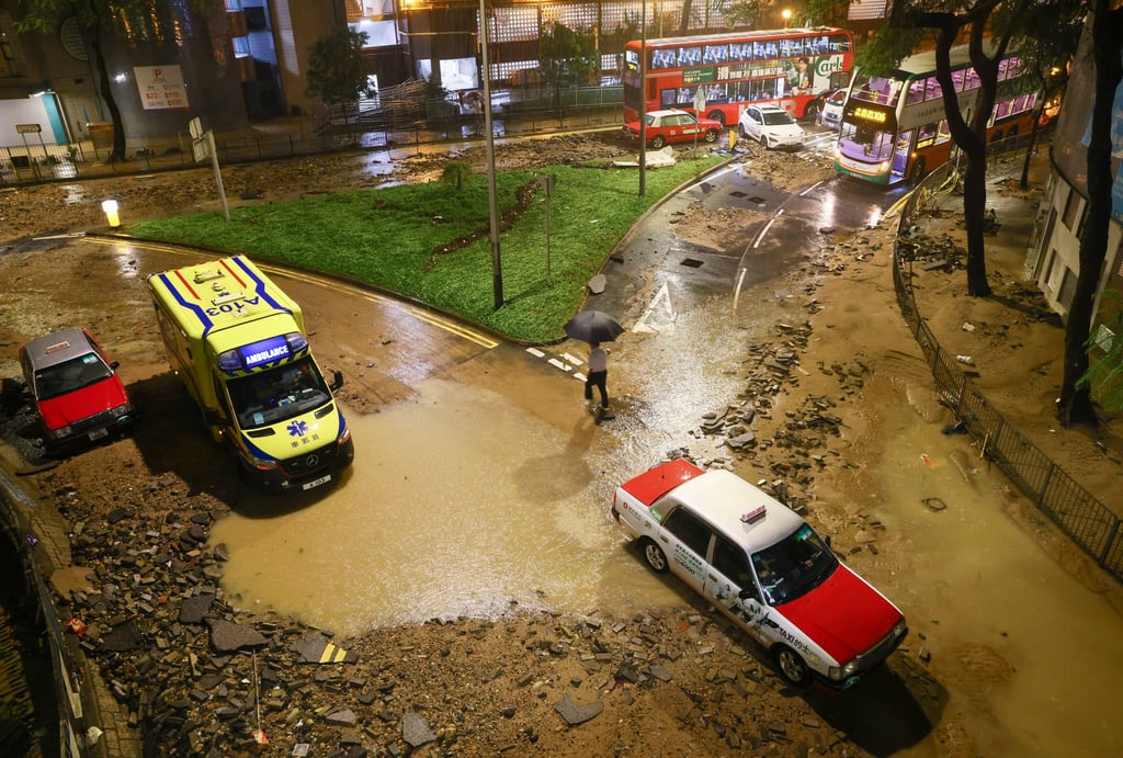 Flooding in Chai Wan. Officials described a black rainstorm in 2023 as a “once-in-500-years” event. Photo: Dickson Lee Flooding in Chai Wan. Officials described a black rainstorm in 2023 as a “once-in-500-years” event. Photo: Dickson Lee