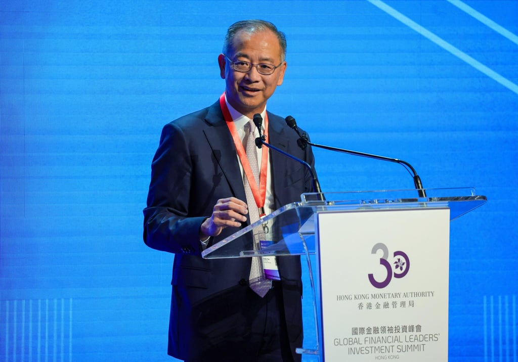 Eddie Yue Wai-man, CEO of the Hong Kong Monetary Authority, speaks during the Global Financial Leaders’ Investment Summit at Four Seasons Hotel in Central on November 7, 2023. Photo: May Tse