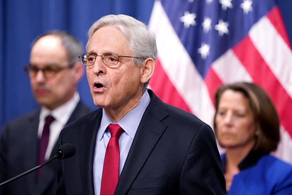 US Attorney General Merrick Garland (centre) speaks at a news conference in Washington on Thursday. Photo: Bloomberg US Attorney General Merrick Garland (centre) speaks at a news conference in Washington on Thursday. Photo: Bloomberg