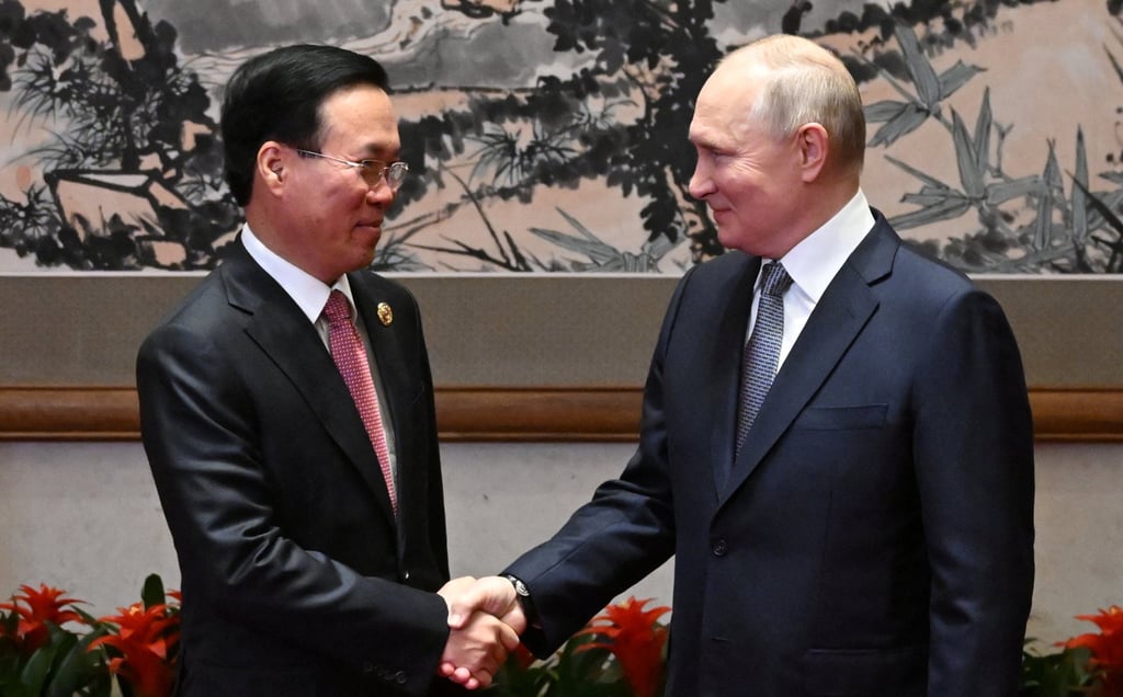 Vietnam’s then-President Vo Van Thuong shakes hands with Russian President Vladimir Putin during a meeting in Beijing in October last year. Photo: Sputnik/via Reuters Vietnam’s then-President Vo Van Thuong shakes hands with Russian President Vladimir Putin during a meeting in Beijing in October last year. Photo: Sputnik/via Reuters
