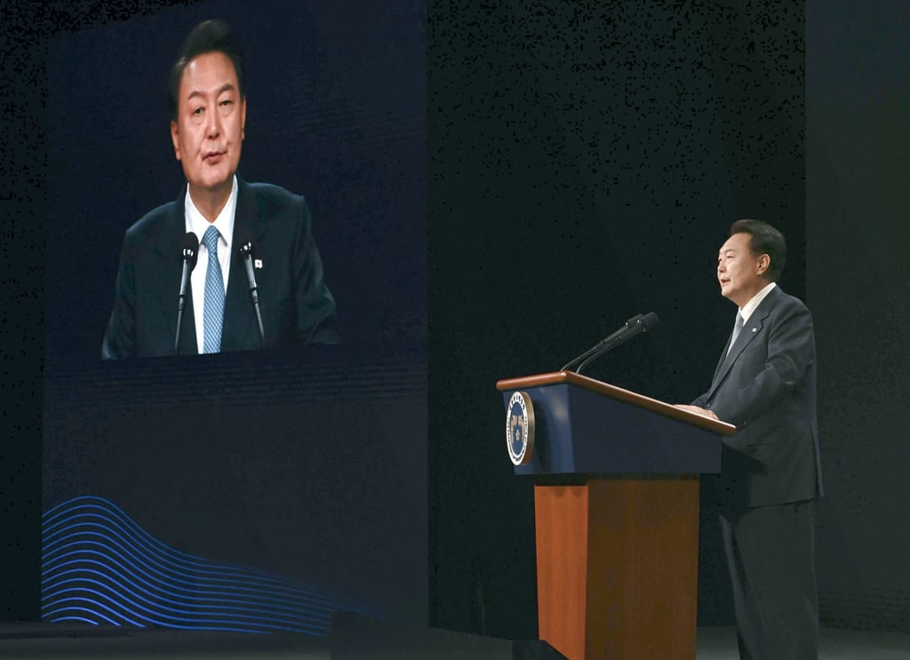 South Korean President Yoon Suk Yeol addresses the democracy summit his country hosted. Photo: Kyodo South Korean President Yoon Suk Yeol addresses the democracy summit his country hosted. Photo: Kyodo