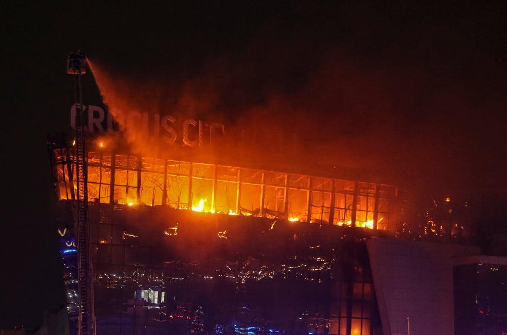 Russian firefighters at the Crocus City Hall concert venue following a shooting in Krasnogorsk, outside Moscow, Russia on Friday. Photo: EPA-EFE