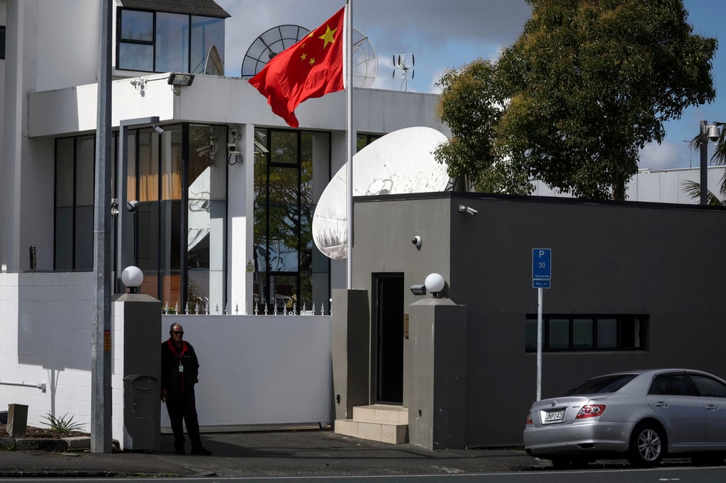 The Chinese flag flies at the Chinese consulate building in Auckland. China’s embassy in Wellington denied interfering in New Zealand’s internal affairs, calling the accusations “groundless”. Photo: New Zealand Herald via AP The Chinese flag flies at the Chinese consulate building in Auckland. China’s embassy in Wellington denied interfering in New Zealand’s internal affairs, calling the accusations “groundless”. Photo: New Zealand Herald via AP